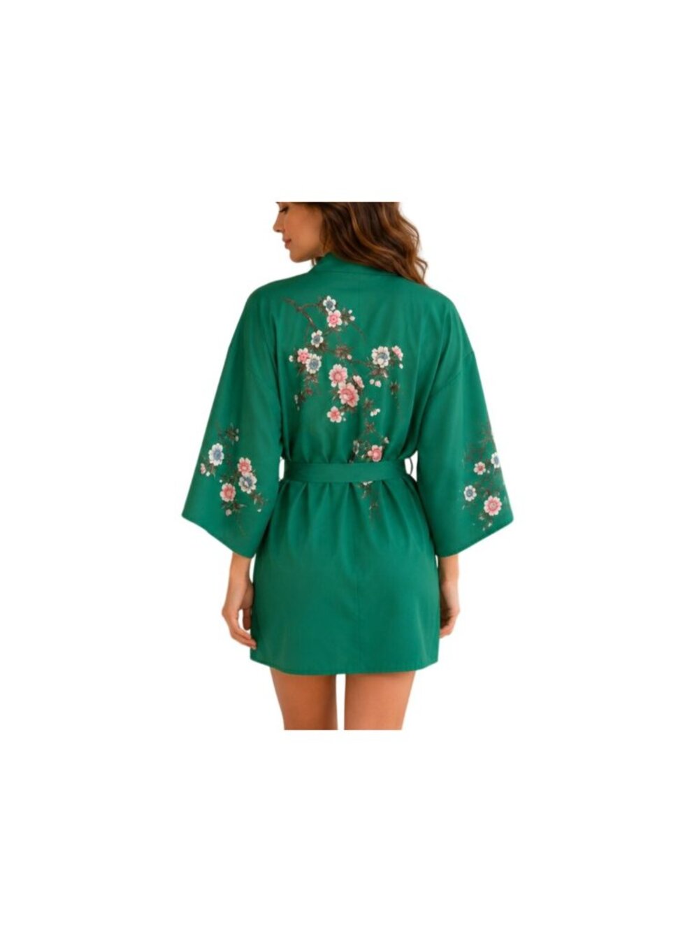 Vintage Green Cherry Blossom Short Sleeve Robe Kimono Satin Luxury One Size - Picture 2 of 8